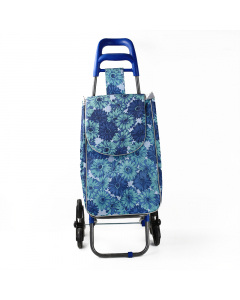 A blue shopping bag with a floral pattern