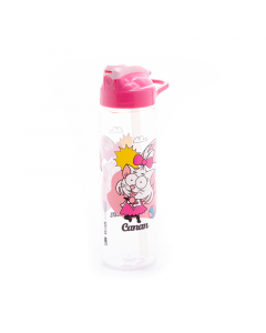 A plastic water bottle decorated with a pink straw