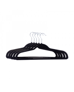 A set of 5 black plastic clothes hangers