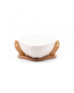 Deep ceramic bowl with wood base