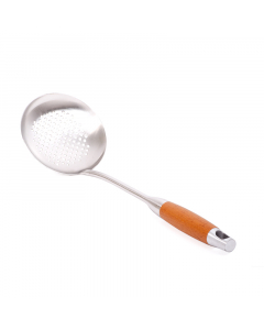Spoon for filtering food from oil with a wooden handle
