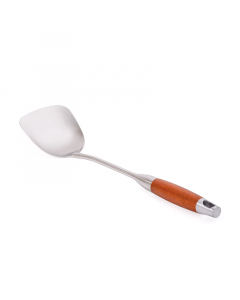 Flat spoon for frying food with a wooden handle