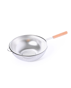 Steel strainer with large wooden handle