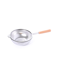 Steel strainer with small wooden handle
