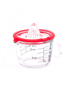A juicer with a glass measuring cup