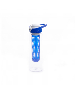 Blue water bottle with plastic cap and strainer