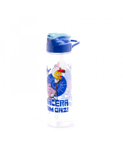 A plastic water bottle decorated with a blue straw
