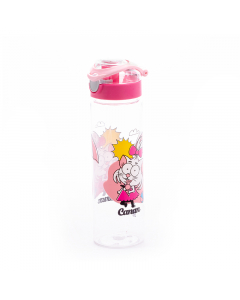 Water bottle decorated with a pink plastic cap