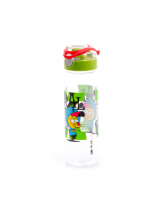 A water bottle decorated with a green plastic cap