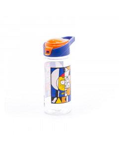 Water bottle decorated with a blue-yellow plastic cap
