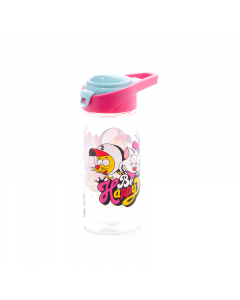Water bottle decorated with a pink and blue plastic cap
