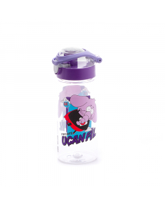 A water bottle decorated with a purple plastic cover