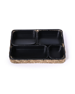 A 4-section rectangular serving dish with a shackle base