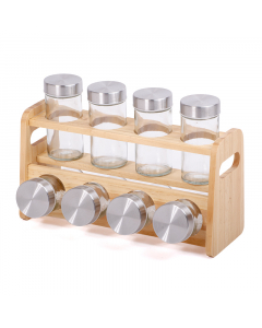 A set of spice boxes with a wooden stand, 8 pieces
