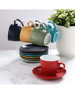 Set cups + porcelain spieces with 6 colored pieces